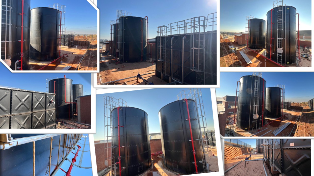 Videx integrated water storage installation at Fleurhof Mall — sectional and cylindrical steel tanks